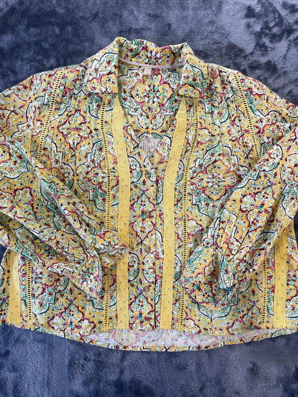 Pilcro Urban Outfitters Boho Blouse Medium Yellow Printed Crochet Lace Trim